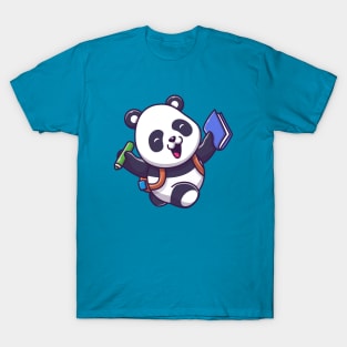 Cute Panda Holding Book And Pen Cartoon T-Shirt